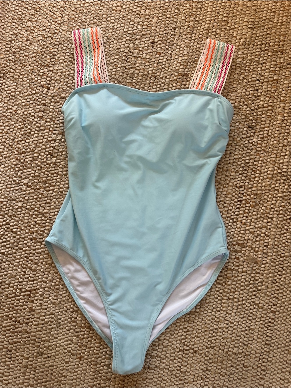 Light Blue One-Piece Swimsuit with Multicolor Straps